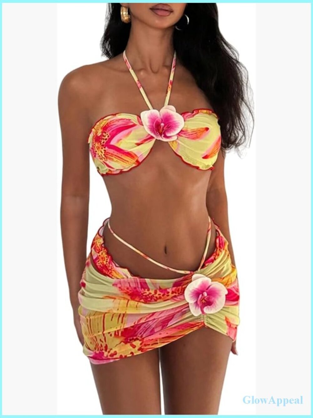Halter Bandeau Bikini Set with Wrap Mini Skirt Sexy Summer Vacation Swimwear